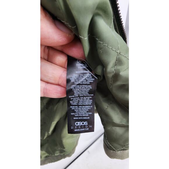 New NWT ASOS Quilt Lined Parka Coat With Borg Collar In Olive Size 8 - Picture 15 of 16
